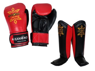 Kanong Rindsleder Boxhandschuhe + Schienbeinschoner : Rot/Schwarz